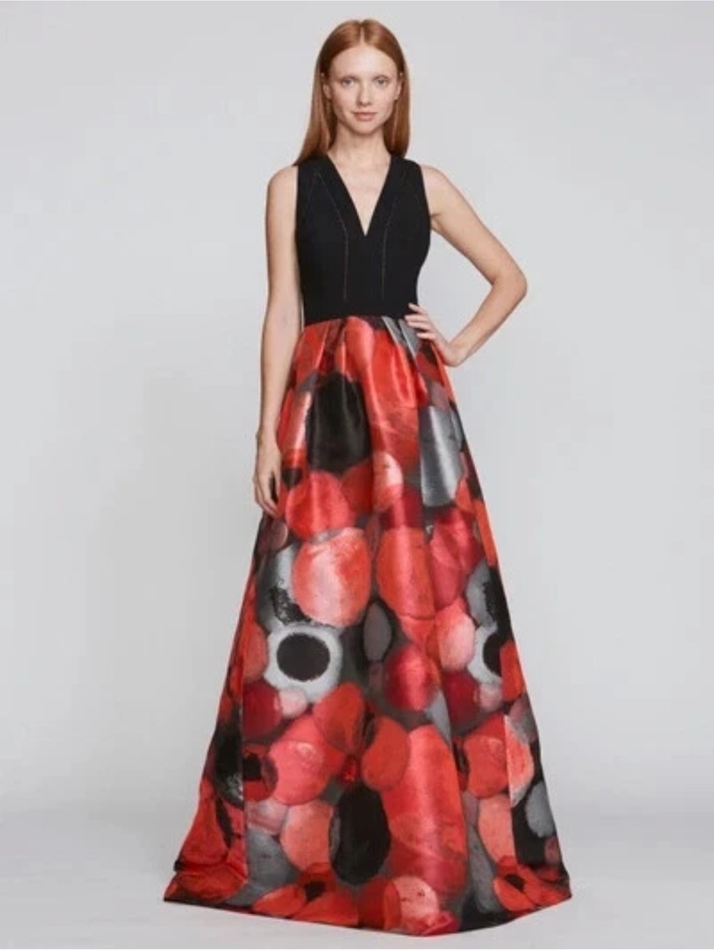 Carmen Marc Valvo Black Bodice Red & Black Floral Maxi Dress wedding